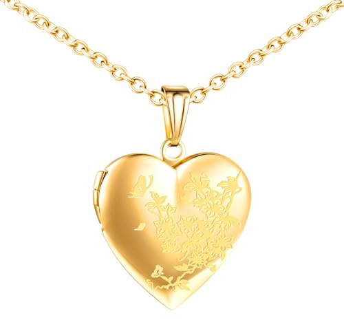 MICMIF Colgante de Corazón con Flores y Mariposas, Collar Medallón Foto Personalizado para Mujer, Acero inoxidable Collar Relicarios para 2 Fotos Joyería Cadena 50cm