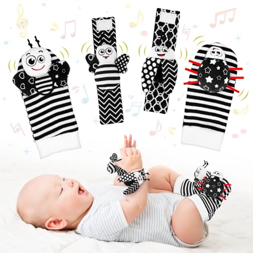 Baby Toys 0-6 Months, Foot Finders & Wrist Rattles for Infants Black and White Sensory Toys Baby Essentials for Newborn Wrist Rattle Boy Girl Gifts