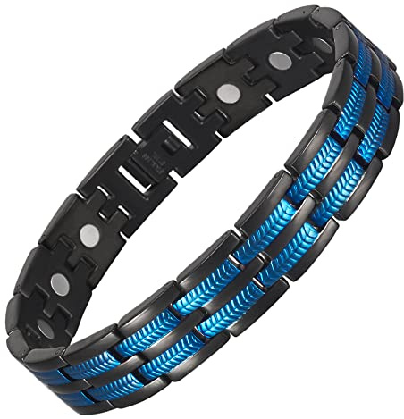 YINOX Braccialetto magnetico super forte da uomo, in acciaio inox, con linea blu, include 16 magneti NdFeB e confezione regalo (21 cm)
