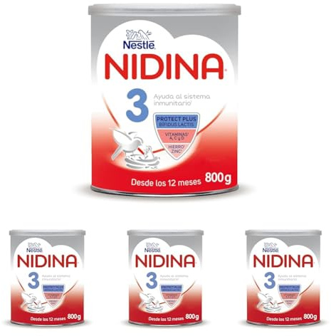 Nestlé NIDINA Leche De Crecimiento 3 para bebés a partir de 1 año Partir De Los 12 Meses. Bote de 800g (Paquete de 4)