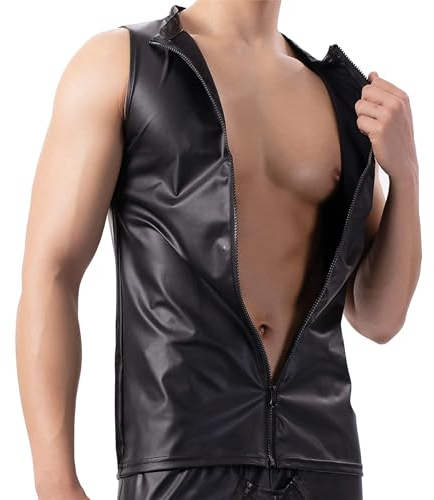 Latex Shirts Herren Tops Latex ähnliches Herren Oberteil Herren Latex T-Shirt schwarz Männer Sexy Mattes Leder Ärmellose Westen Herren Wetlook Body Leder Shirts Lack Leder Erotik Shirts Tops Männer