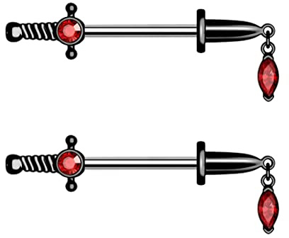 CM Crareesi Mania Dagger Nipple Bars 14G Nipple Barbell Rings 316L Surgical Steel Black Goth Dangle Red Gem Nipple Shield Piercing Jewellery
