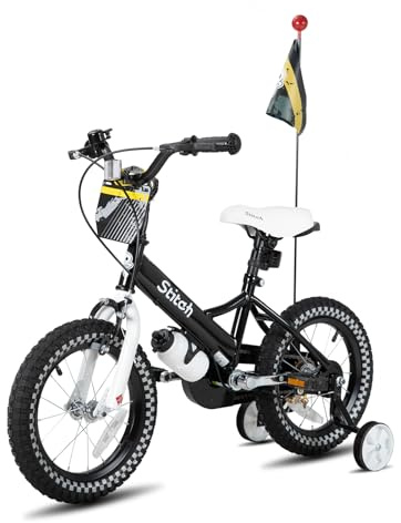 STITCH Little Rock 12 Zoll Kinderfahrrad für 2-4 Jahre Kinderfahrrad, Jungenfahrrad mit Stützrädern mit Korb & Luftschlangen, schwarz…