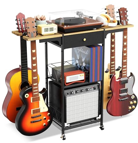 Yitexin 3-nivås multigitarrstativ med 4 gitarrhållare och hjul, 3-i-1 golvgitarrställ för flera gitarrer med Amp-stativ och låda, gitarrförvaring för akustisk, elgitarr, bas