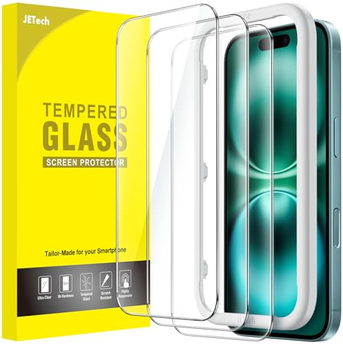 JETech Protector de Pantalla para iPhone 16 Plus 6,7 Pulgadas, Cristal Vidrio Templado con Marco de Instalación Fácil, Amigable para Funda, HD Transparente, 3 Unidades