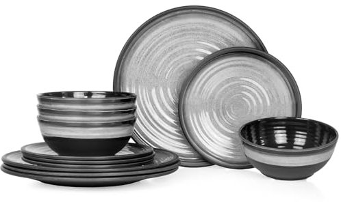 Camping Tafelgeschirr aus Melamin für 4 Personen 12-teilig | spülmaschinenfest | Picknick Geschirrset | Geschirr Campinggeschirr I Stone Grey Design