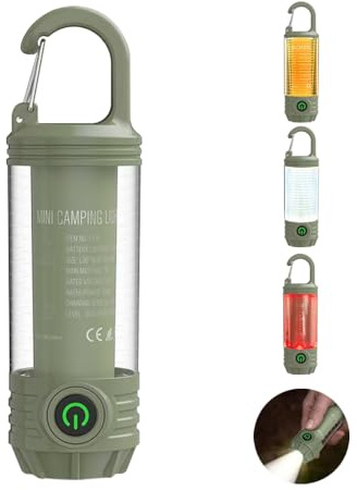 Mini lampe de poche camping LED rechargeable, Lumière extérieure portable avec crochet, lumière chaude blanche et lumières rouge, 6 modes, avec flash de signal.