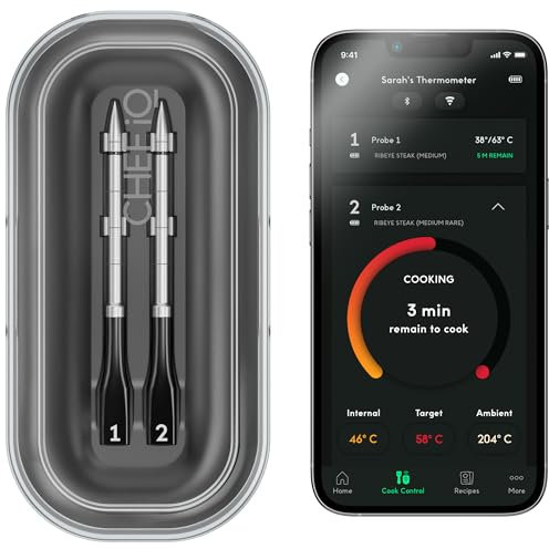 CHEF iQ Sense Smart Wireless Meat Thermometer with 2 Ultra-Thin Probes, Unlimited Range Bluetooth Meat Thermometer, Digital Food Thermometer for Remote Monitoring of BBQ, Grill (Double Probe Set)