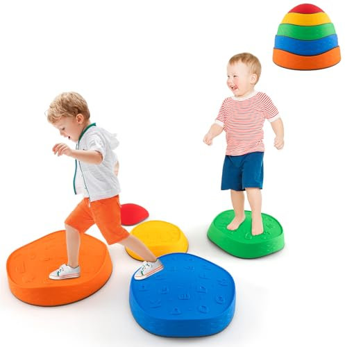 GYMAX Kids Balance Stones, Toddler Stepping Stones with Non-slip Bottom, Promote Coordination, Balance and Strength, 5-Pieces Hilltops River Stones Set (Colorful, 34x34x25cm)