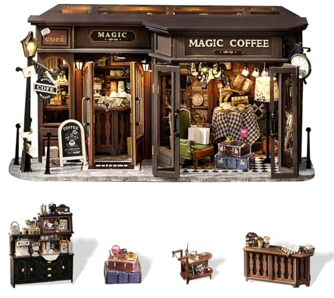 Fsolis Casa de muñecas de Madera de Manualidades, Escala 1:24 – Miniatura con Muebles y Cubierta Antipolvo, artesanía Hecha a Mano – Set para Adolescentes y Adultos (Cafetería Vintage)
