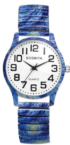 JewelryWe Ladies Elastic Band Watch: Men Women The Starry Night Stretch Strap Stylish Print Design Quartz Analog Easy to Reader Arabic Numerals Wrist Watches