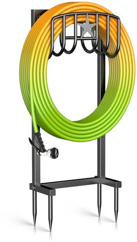 Mogaath Garden Hose Holder – Heavy-Duty Freestanding Metal Stand, Holds 150FT Hose, with Stable 4-Spike Base, Easy to Install for Outdoor Yard, Lawn, Garden (Black)