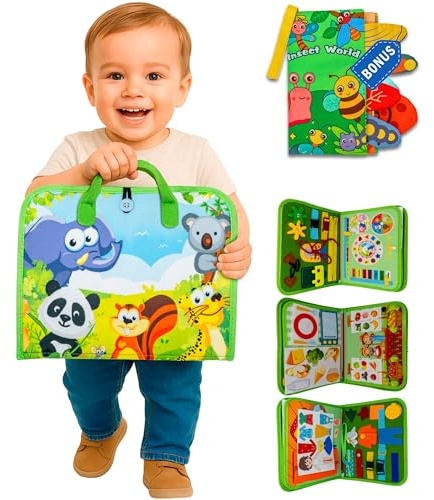 VILLMART Busy Board Montessori 1 Anno con Libro sensoriale Incluso – Set educativo 2 in 1 per Neonati e Bambini Fino a 3 Anni – Giochi Montessori – Libri in Stoffa
