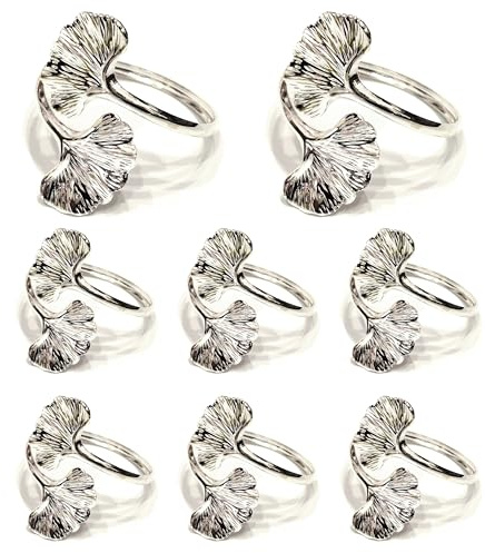 Climple Leaf Napkin Rings Set of 8 - Ginkgo Biloba Leaf Silver Napkin Rings - Elegant Decorative Silver Napkin Ring Holder Buckles for Fall, Holiday, Thanksgiving Dining Table