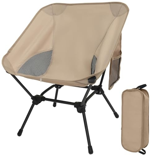 Omtofo Silla Plegable Camping Ligera con Bolsillos Laterales, Silla Plegable Portatil, Altura Ajustable，Camping, Pesca, Senderismo, Playa, Caqui