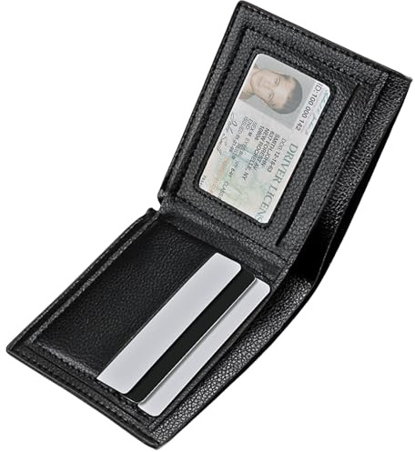 LUFFLOK Carteras Slim PU Cuero, Negro Tarjeta de Billetera para Hombres y Mujeres, 2 Compartimentos para Billetes, Minimalista Carteras para Hombres con ID Tarjeta Ventana, Bolsillo Monedas (Negro)