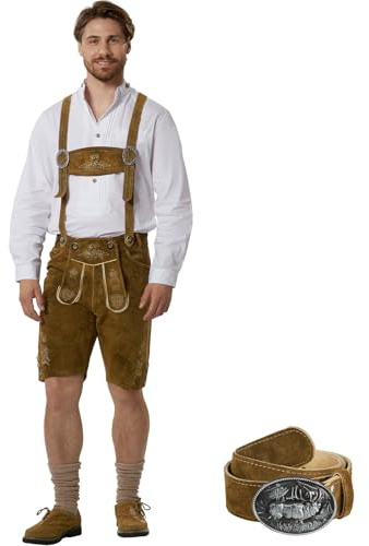 dressforfun, Pantaloni Corti in Pelle Uomo, Lederhosen Oktoberfest, Costume Bavarese, Pelle Bovina Resistente, con Bretelle e Cintura, Ricami Tradizionali, Bottoni Osso, Trachten - Oliva, 58
