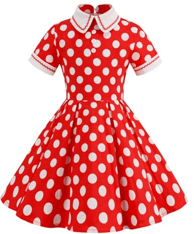 2025 Robe à pois pour fille - Manches courtes - Col rabattu - Robe de fête - Noir, rouge, 11-12 ans