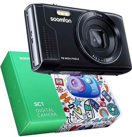 SOOMFON Appareil Photo Numérique Max 72MP avec vidéo 1080P, Appareil Photo Compact avec Zoom 16X 19 Filtres, Digital Camera 2 Batteries et Carte 32 Go, Digital Camera pour Adulte/Débutant/Enfant-Noir