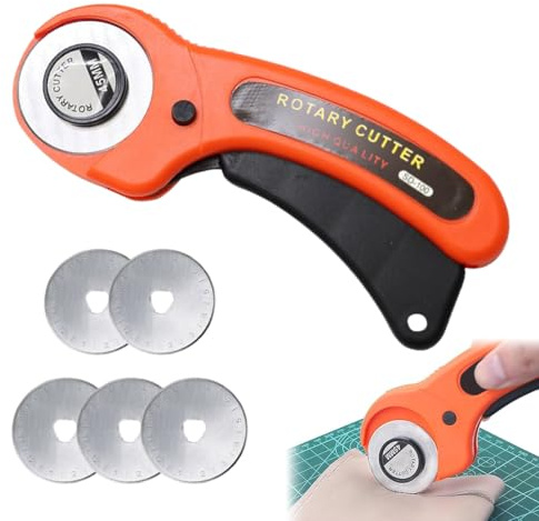Cuter Rotatorio Cúter de Cuchilla Circular Cúter Rotativo con 5 Cuchillas de 45mm, Cúter Rotativo Tela, Cortar Herramienta de Corte, para Cortar Tejidos, Tarjetas, Cuero, Papel Kraft