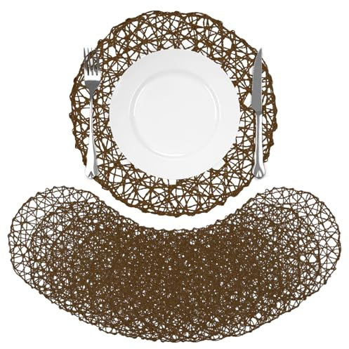 comfoyar Set di 12 Tovagliette Americane Rotonde Intrecciate in Carta, 33cm Antiscivolo Marrone Scuro Tovagliette Americane Tessute a Mano per Cucina Sala da Pranzo Decorazione, Tavola di Feste
