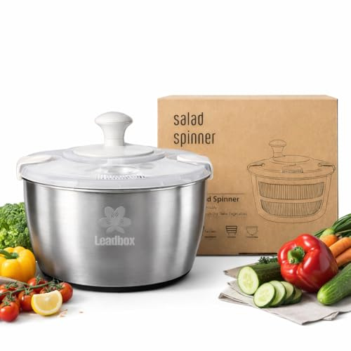 Leadbox Stainless Steel Salad Spinner, 6L Heavy-Duty Lettuce Dryer with Smooth Spin Handle, Large Vegetable Washer & Fruit Rinse Bowl, Non-Slip Base