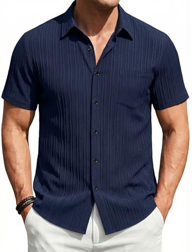 Enlision Mens Short Sleeve Shirt Casual Lightweight Summer Button Down Shirts Textured Regular Fit Holiday Travel Beach Top with Pocket Navy Blue XL