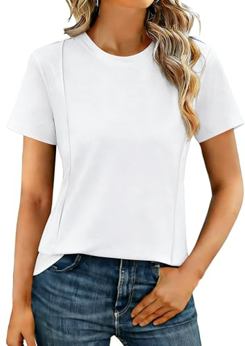Crewhpo Magliette Donna Manica Corta T-Shirt Estivo Elegante con Girocollo Maglietta Estivo Tinta Unita Top Basic Leggero Tshirt Casual Bianco S
