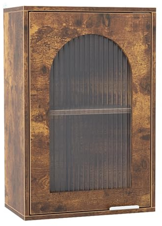 COSTWAY Bathroom Wall Cabinet, Wooden Storage Cupboard with Tempered Glass Single Door and Adjustable Shelf, Wall Mounted Medicine Cabinet Bathroom Unit for Living Room Kitchen Hallway (Rustic Brown)