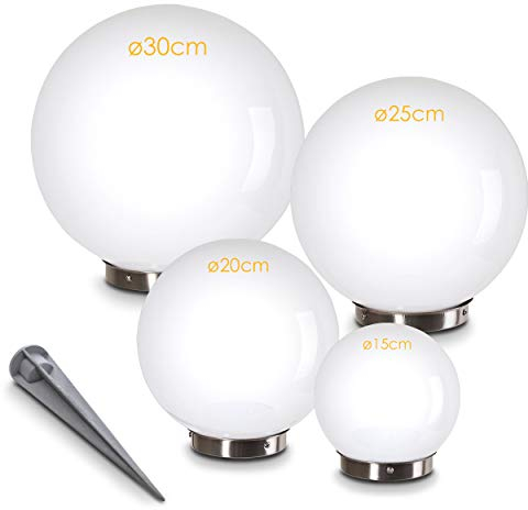 Lampada solare Nassau, set di 4 lampade a sfera in plastica bianca, Ø 15, 20, 25 e 30 cm con picchetto di terra, con interruttore on/off, lampade solari con interruttore crepuscolare