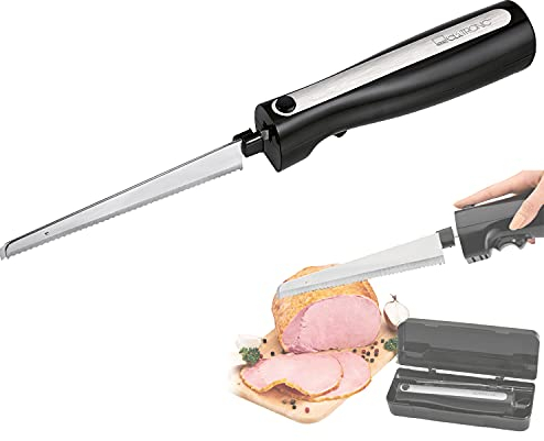 Clatronic Elektromesser Küche Elektrisches Messer für Fleisch Küchenmesser Elektrisch für Gefriergut (Edelstahl Klinge, Wellenschliff, Brotmesser, 120 Watt, Schwarz)