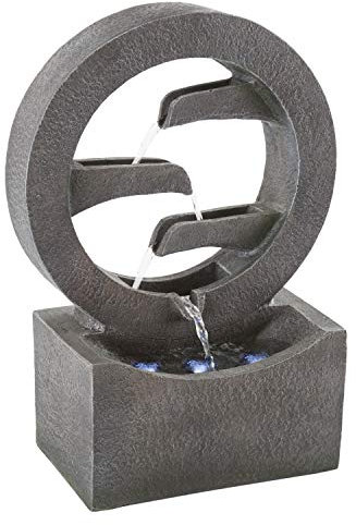 Pure Garden Fontana rotonda a cascata, 4 ripiani, in poliresina, con luci a LED, decorazione per esterni, altezza 47 cm, design contemporaneo, resina, colore grigio