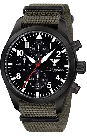 Airleader Black Steel Chronograph KHS.AIRBSC.NSGO Edelstahl IP-beschichtet schwarz, Natoband steingrau-Oliv, KHS Tactical Watch, Einsatzuhr, Fliegeruhr