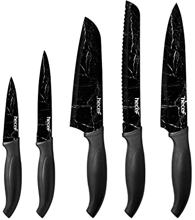 hecef Juego de Cuchillos de Cocina profesional de 5 piece, Acero Inoxidable Set Cuchillos Cocina con Patrón de Mármol, Cuchillo de Pan, Cuchillo Santoku y Cuchillo de Pelar