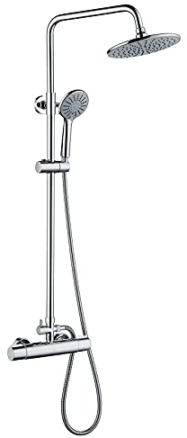 Auralum Duscharmatur mit Thermostat aus Edelstahl Höhenverstellbar 92-122cm, Regendusche mit Armatur 23x23cm Kopfbrause und 3 Strahlarten Handbrause, Duschsystem mit Thermostat Chrom