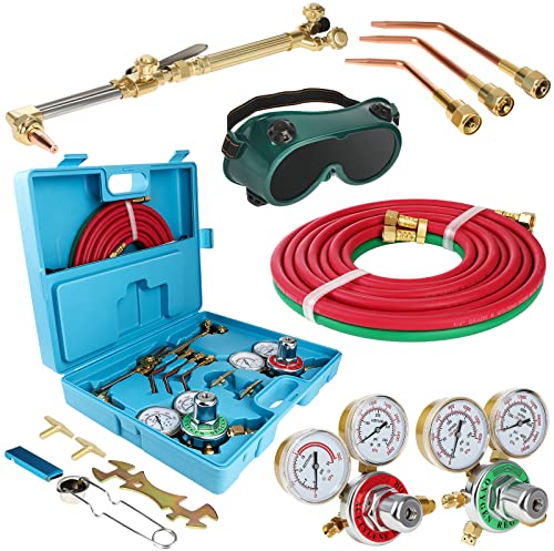 Oxygen Acetylene Torch Kit, Cutting Torch and Welding Kit, Oxy Gas Welding Cutting Brazing Set, Gas Welding Kit, Portable Oxy Acetylene Torch Welder, with Nozzles, Regulator, Hose Gauges, Blue Case