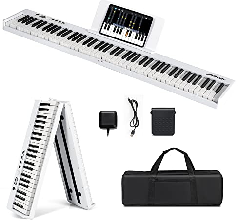 DREAMADE 88 Tastatur Keyboard mit Notenständer, Pedal, LCD-Display & LED-Licht Lehrfunktion, Klappbar & Tragbar E-Piano für Kinder und Anfänger (Weiß)