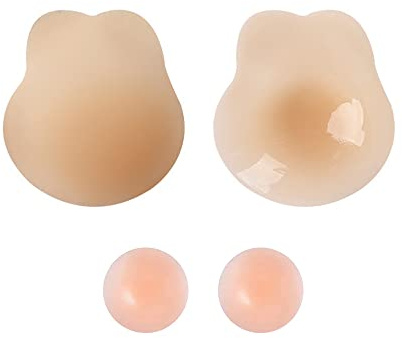 Osynlig BH Silikon Klistermärke Bröstvårtor Stickers Axelbandslös Tryck Upp Återanvändbara Bekväma Andningsbara BH Band med 2st Bröstvårtöverdrag för off-back klänning, Beige, M