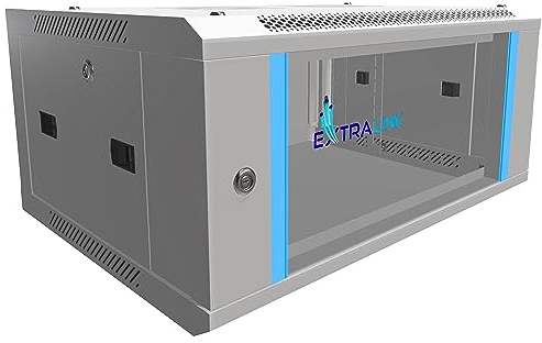 Extralink Armario Rack de 19 4U - Armario de Red de 450mm, para Montaje en Pared o Suelo, hasta 60 kg, Puerta de Cristal Templado, Apertura de 180° Gris - para Red doméstica y Equipos informáticos