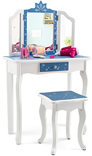 DREAMADE 2 in 1 Schminktisch Kinder mit Hocker und Abnehmbarer Spiegel, Prinzessin Frisiertisch mit Schublade Kosmetiktisch aus Holz, Kinderschminktisch für Mädchen mit Haarreif-Set (Blau)