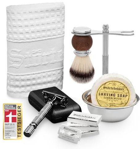 Störtebekker® Set intenditori – Set di alta qualità per una rasatura perfetta – incl. rasoio, pennello da barba, sapone da barba, ciotola per rasatura, panno da barba, idea regalo (Nero - Nero)