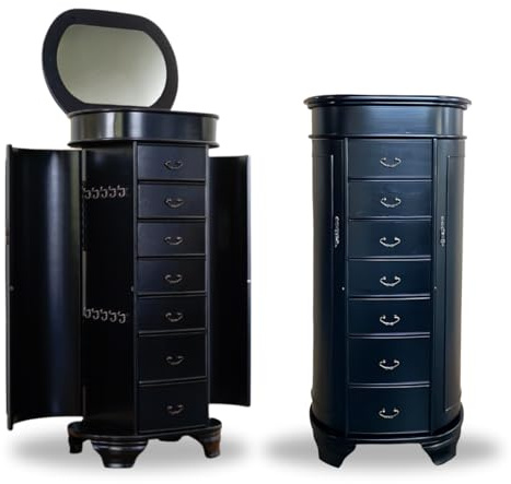 Hives and Honey Daley Oval Jewelry Armoire, Stylish Standing Organizer with Mirror, 7 Drawers, 20 Necklace Hooks, Anti-Tarnish Lining, Divided Storage, Black