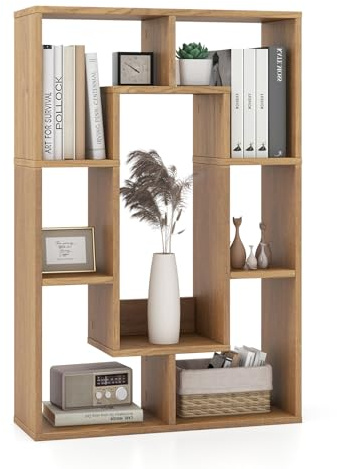 Giantex 7-Cube Book Shelf, Freestanding Wooden Bookcase w/Anti-Tipping Kits, Geometric Open Cube Storage Organizer w/Display Rack, Modern Rectangular Bookshelf for Living Room, Kids Room, Natural