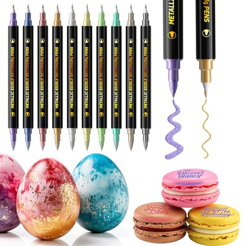 Jewem Edible Markers for Cookie Decorating, 10Pcs Upgrade Grade Metallic Gold Shimmering Food Markers, Double Sided Tip Edible Ink Pens for Decorating Cakes, Fondant, Frosting, Macarons & Baked Desserts