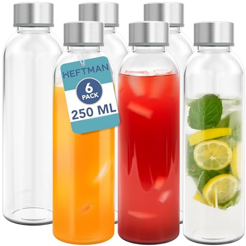 HEFTMAN Lot de 6 bouteilles en verre vides avec couvercles, hermétiques, étanches et étanches en acier inoxydable – Bouteilles d'eau, smoothies, jus de fruits pour le travail, la salle de sport, la