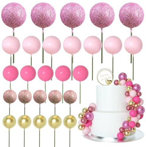 ASTARON 50 Pz Palla Cake Topper Decorazioni Mini Palloncini Cake Topper Bastoncini Palline di Schiuma Cake Picks per Matrimonio Festa Compleanno (Serie Rosa)