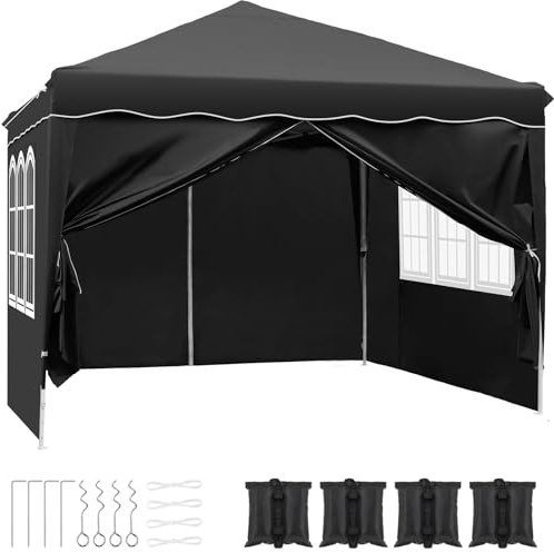 LIFERUN Vikbar trädgårdspaviljong 3 x 3 m, vattentät, stabil, vinterbeständig, popup-festtält, hopfällbart tält med 4 st sandväska, UV-skydd 50+ för camping svart