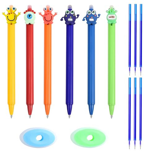 SneiDr 6 Stück Radierbarer Kugelschreiber Blau Radierstift Gelstifte Einziehbare Tintenroller Radierbar 0,5mm Spitze Kawaii Stiften mit 6 Ersatzminen und 2 Radiergummi für Kinder Studenten Geschenk