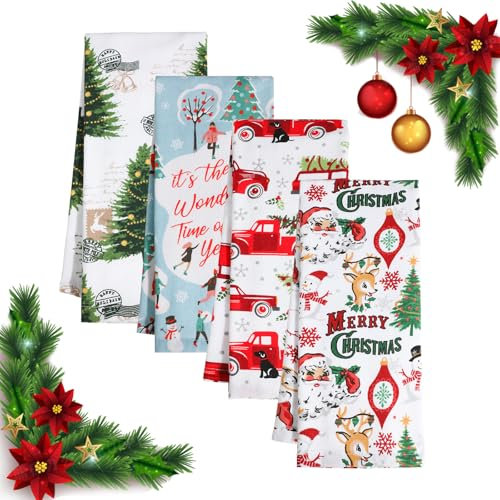 Jogoico Paños de Cocina Navidad 4 Unidades Trapos de Cocina 100% Algodón Toallas de Cocina 40 x 70cm Toallas de Té Suaves Toallas de Barra Absorbentes Paños Cocina Multiusos Trapos Cocina - 4 Temas