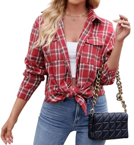 seiveini Camicia a Quadri Donna Bluse Camicetta Flanella C Rosso S